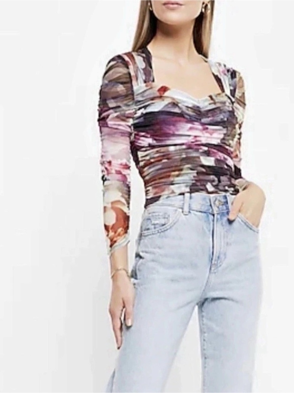 Express Floral Mesh Ruched Sweetheart Neck Long Sleeve Crop Top
